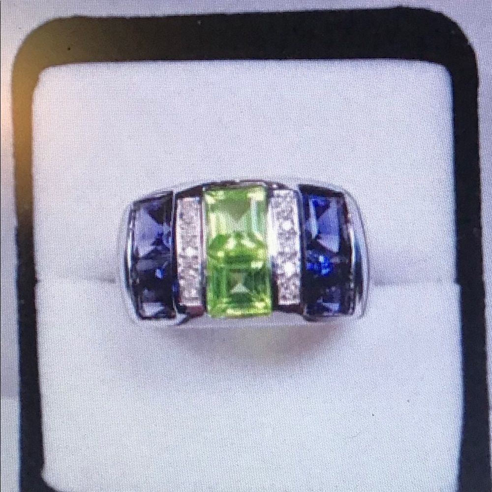14K Iolite,‎ Peridot and Diamond Unisex Ring